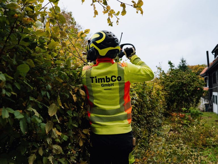 Ein Rasenmäher schneidet frisch gewachsenen, saftigen grünen Rasen.